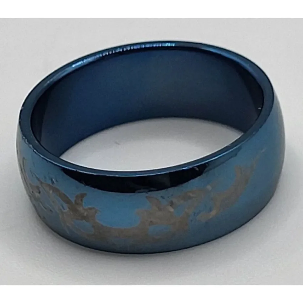 Stainless Steel Laser-Engraved Tribal Blue Anodized Finish Ring Size 8.5